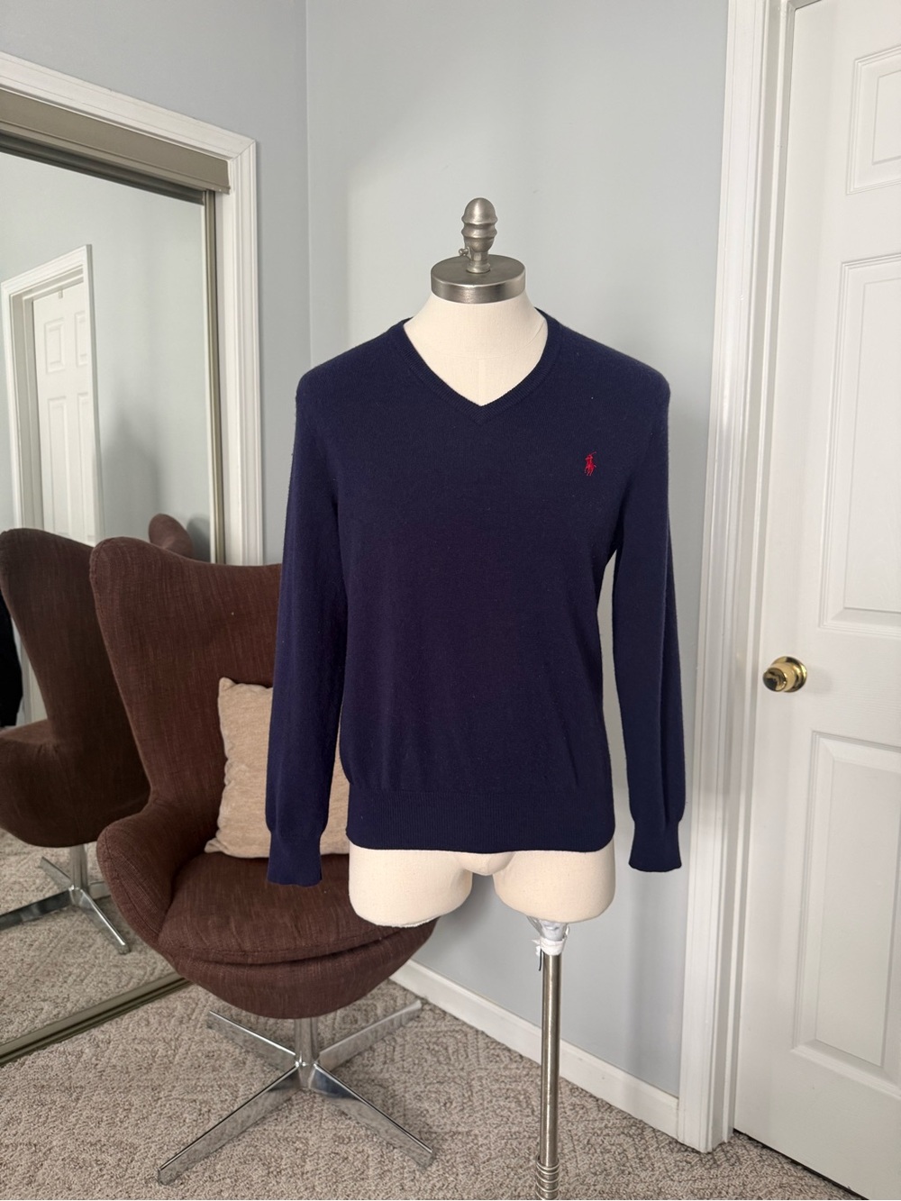Ralph Lauren Navy V-Neck Sweater with Red Pony